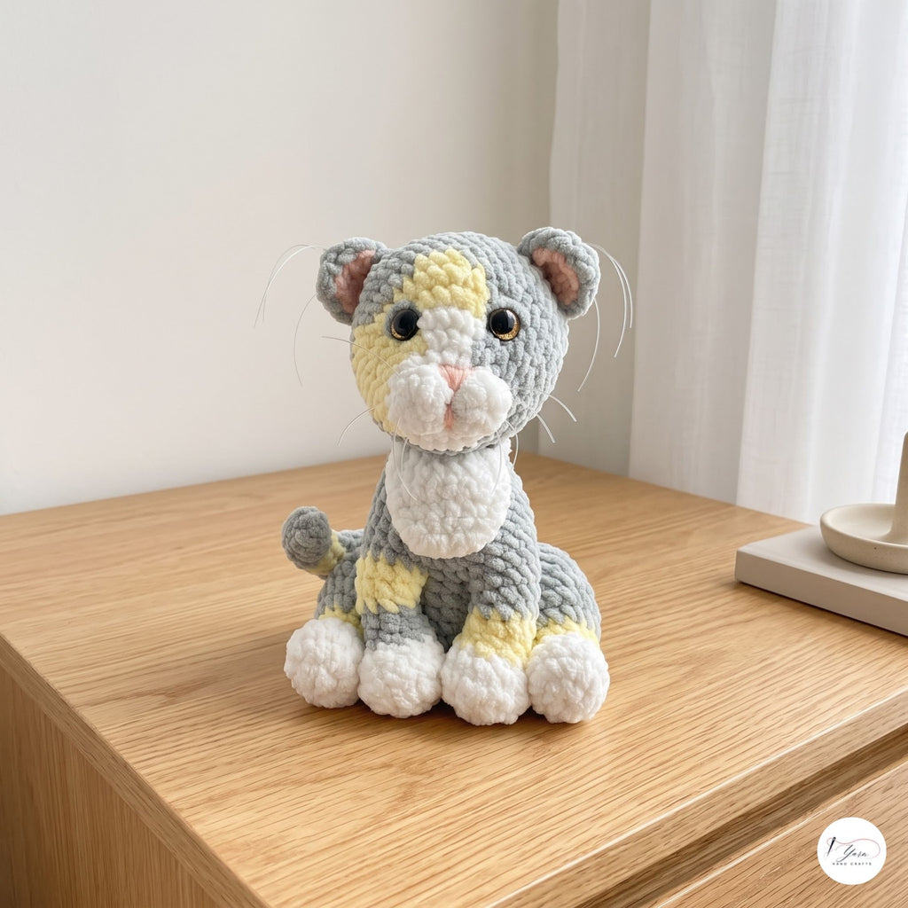 A crocheted stuffed animal cat toy sits on a light wood table in a softly lit indoor setting with a curtain and small decor object in the background.