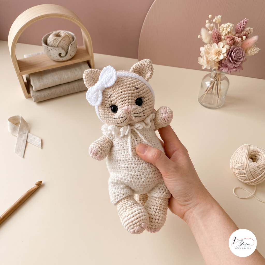 Kitten Crochet Pattern PDF, Cat Doll with Jumpsuit and Bow Amigurumi