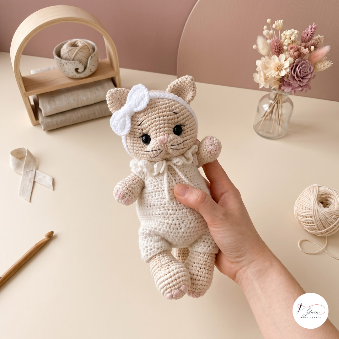 Kitten Crochet Pattern PDF, Cat Doll with Jumpsuit and Bow Amigurumi