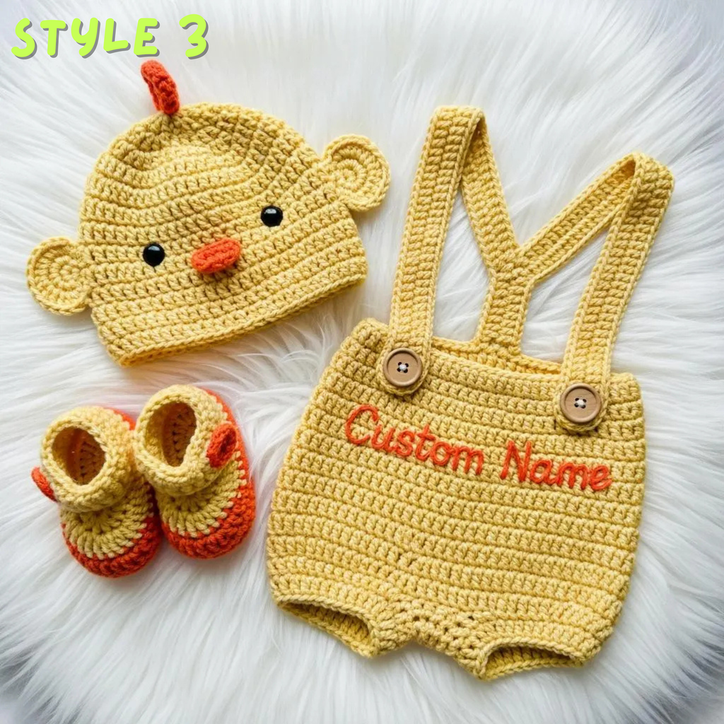 Personalized Crochet Baby Outfit, Duck Chick Pig Romper Set with Hat and Booties, Newborn Photo Prop, Custom Baby Shower Gift