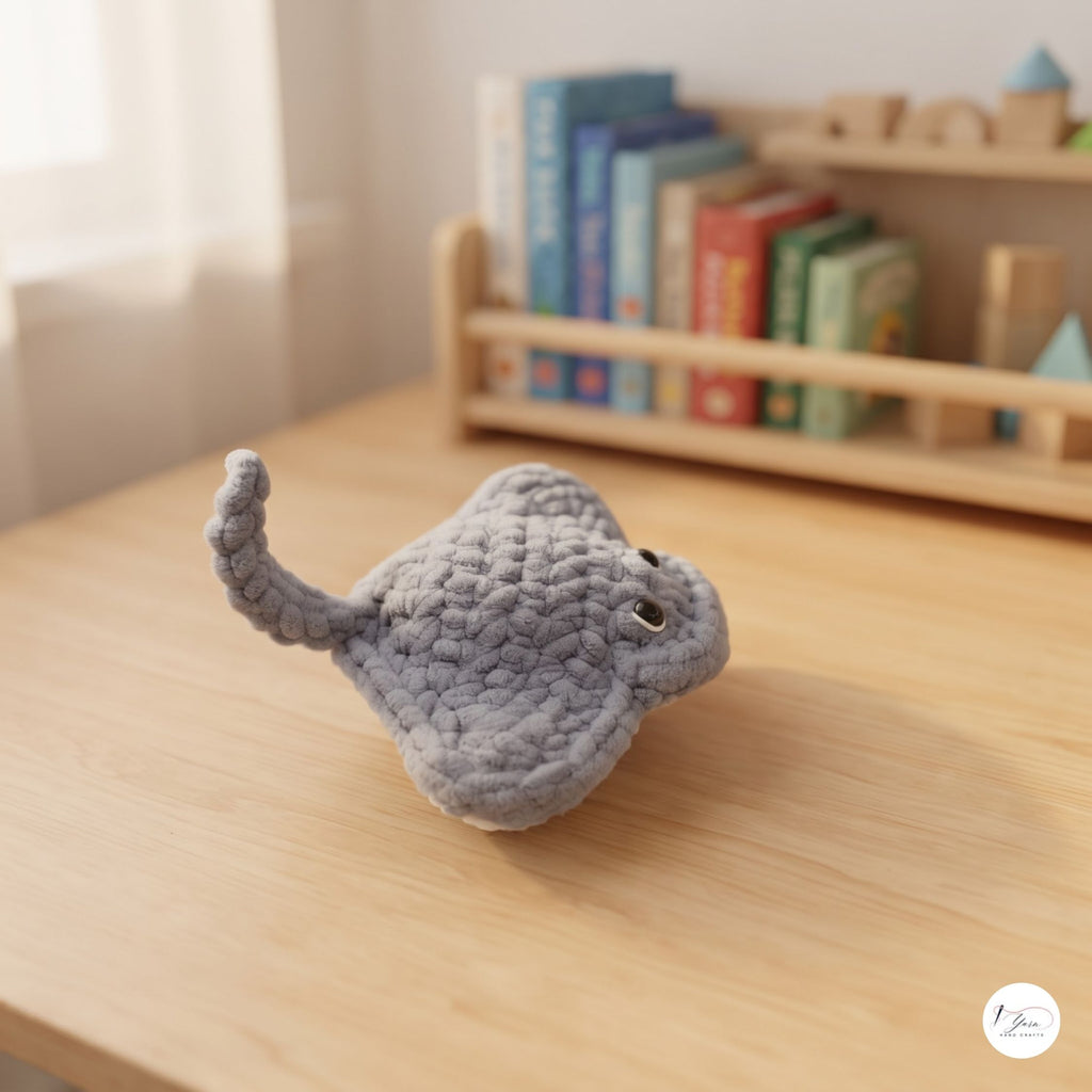 Crochet Stingray Plush, Handmade Gray Manta Ray Amigurumi, Soft Ocean Animal Stuffed Toy, Sea Life Gift, Nursery Decor