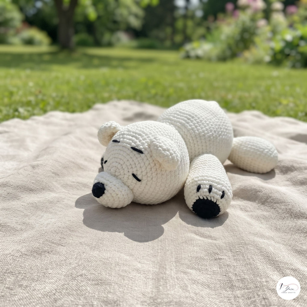 Crochet Polar Bear Plush, Handmade White Amigurumi Bear, Lying Arctic Animal Stuffed Toy, Winter Nursery Decor, Bear Lover Gift