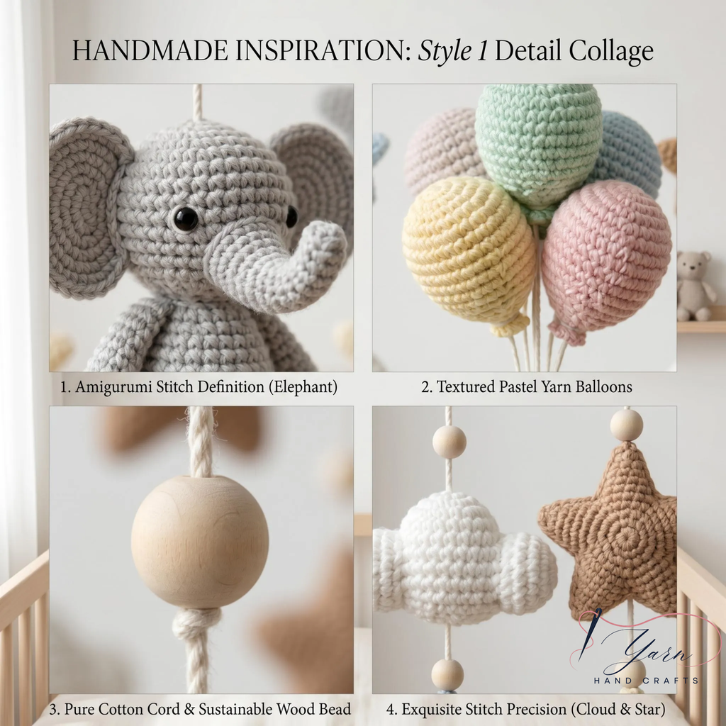 Handmade Elephant Baby Mobile, Crochet Hot Air Balloon Crib Mobile, Neutral Nursery Decor, Cloud & Star Baby Mobile, Baby Shower Gift