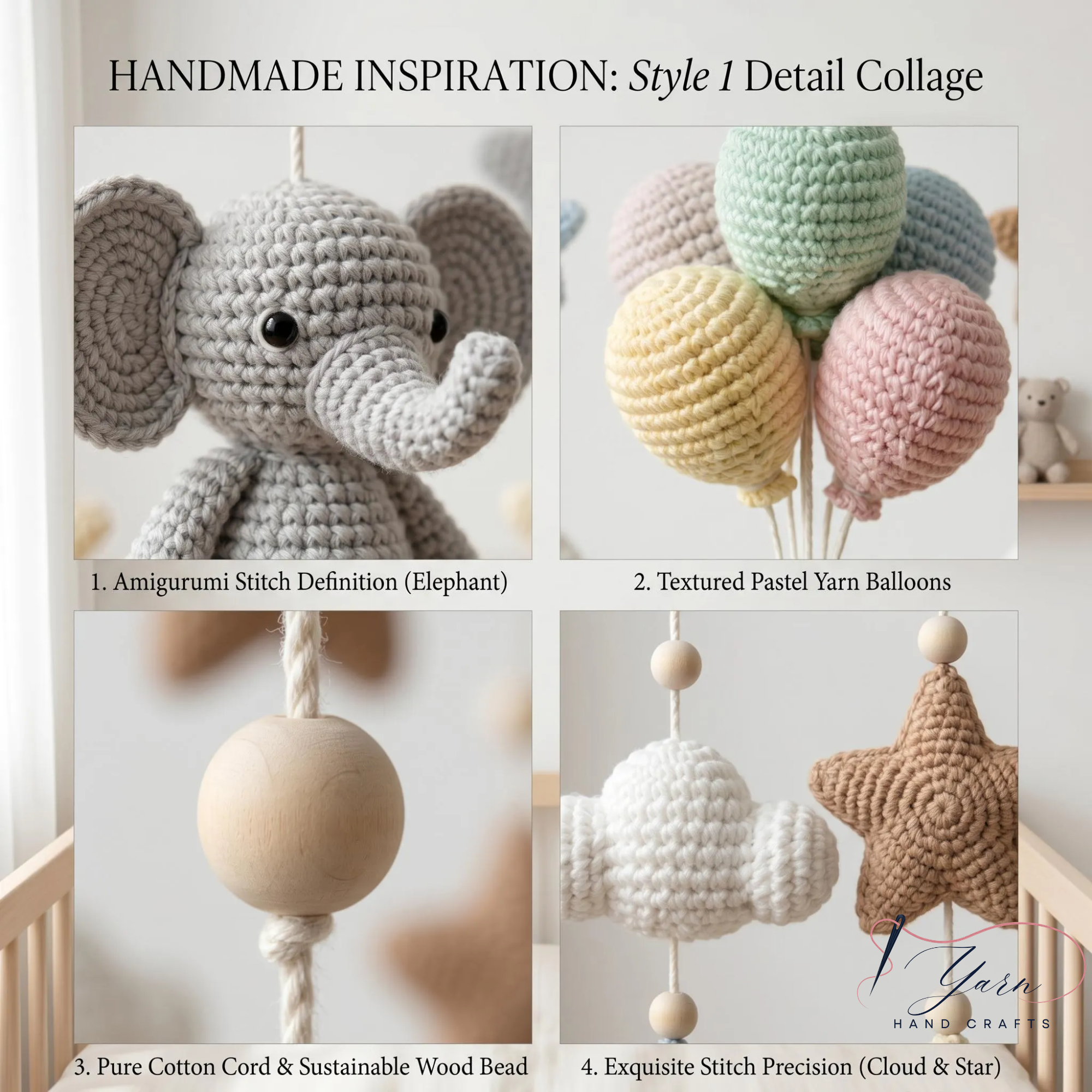 Handmade Elephant Baby Mobile, Crochet Hot Air Balloon Crib Mobile, Neutral Nursery Decor, Cloud & Star Baby Mobile, Baby Shower Gift
