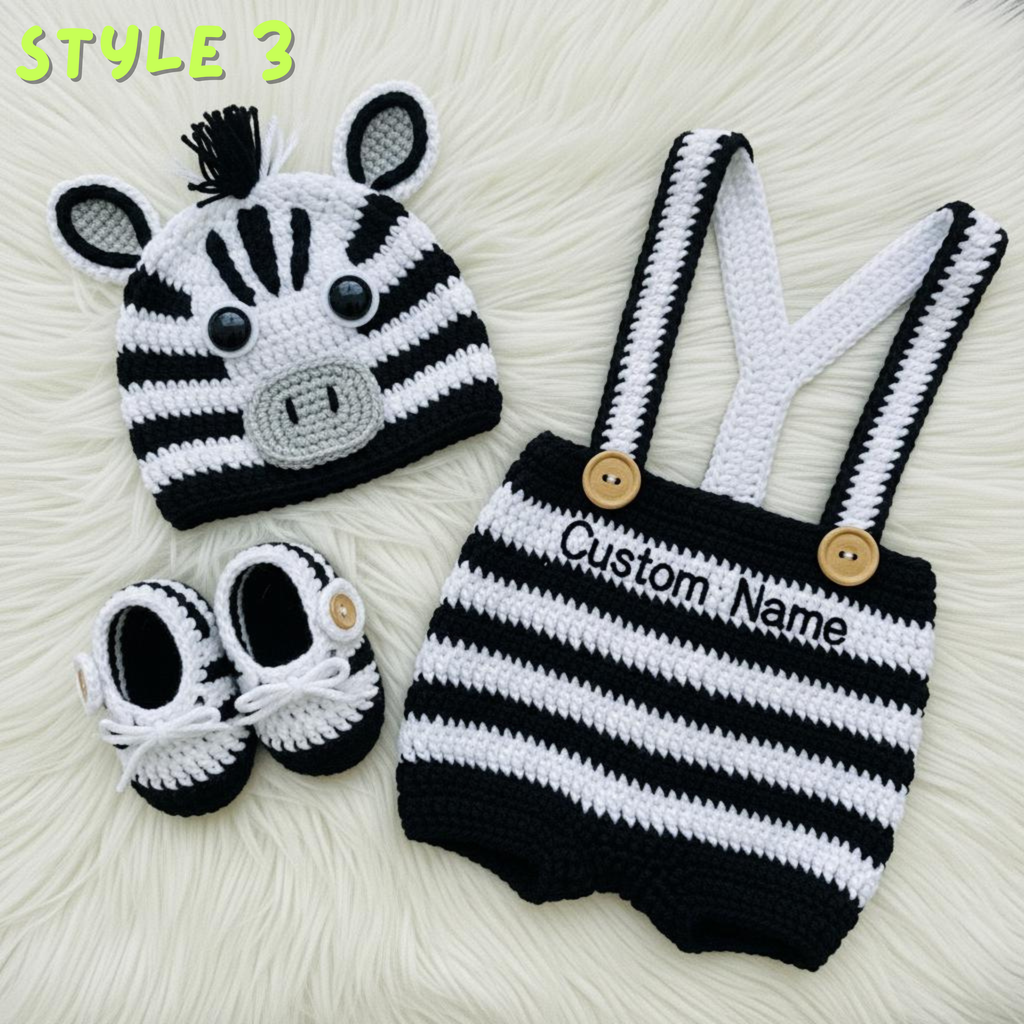 Personalized Crochet Safari Baby Outfit, Zebra Deer Giraffe Romper Set with Hat and Booties, Newborn Photo Prop, Baby Shower Gift