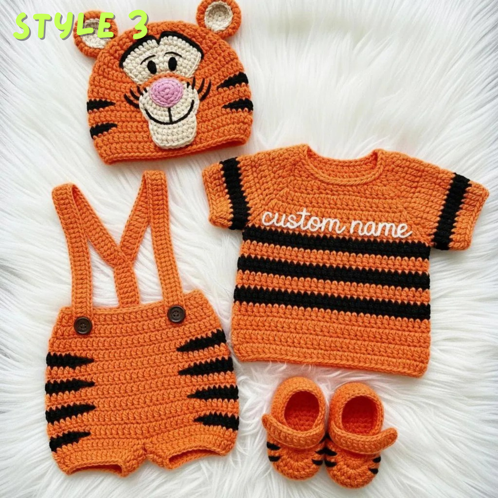 Personalized Crochet Baby Outfit, Winnie the Pooh Tigger or Piglet Romper Set, Hat and Booties, Newborn Photo Prop, Baby Shower Gift