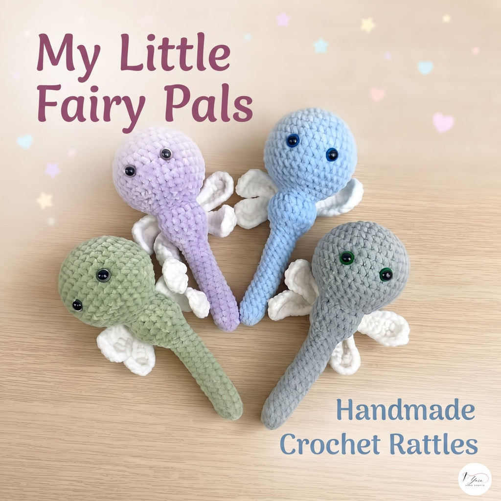 Set of 4 Crochet Fairy Rattles, Handmade Pastel Amigurumi Baby Toys, Soft Sensory Rattle Gift Set, Baby Shower Gift, Nursery Decor