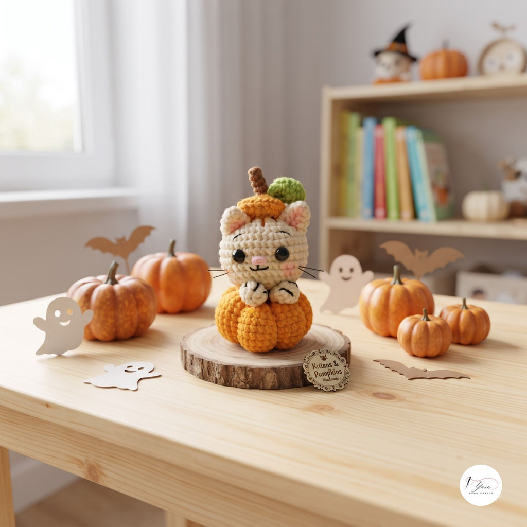 A crocheted cat character dressed as a pumpkin sits on a wooden slice coaster on a light wood table, surrounded by small decorative pumpkins, ghost cutouts, and bat cutouts in a softly lit room.