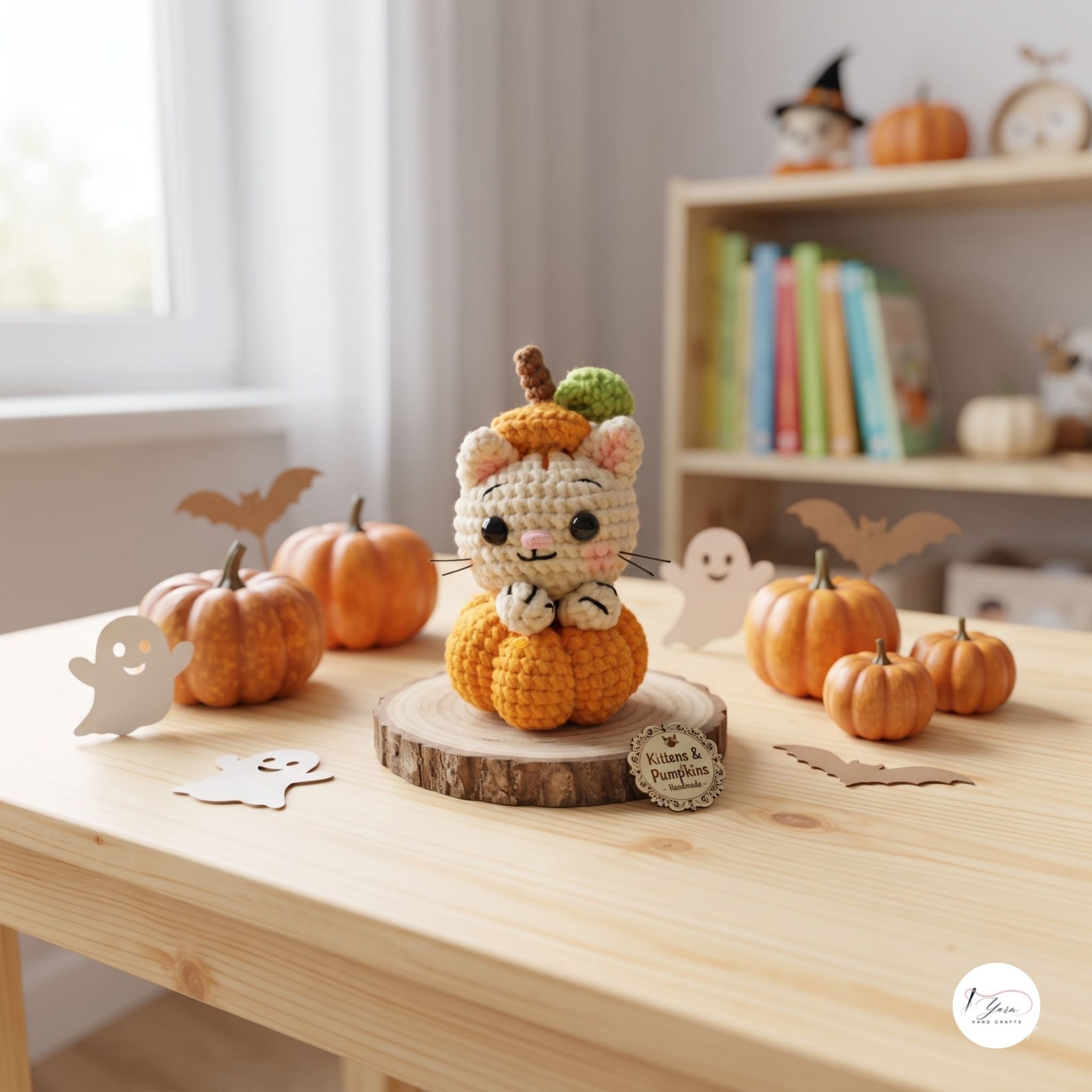 A crocheted cat character dressed as a pumpkin sits on a wooden slice coaster on a light wood table, surrounded by small decorative pumpkins, ghost cutouts, and bat cutouts in a softly lit room.