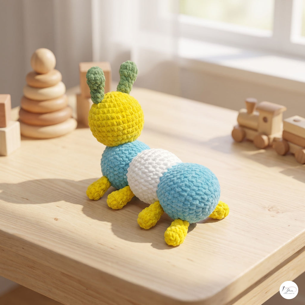 Crochet Bee Plush, Handmade Blue Yellow Amigurumi Bumblebee, Soft Stuffed Insect Toy, Bee Lover Gift, Garden Nursery Decor