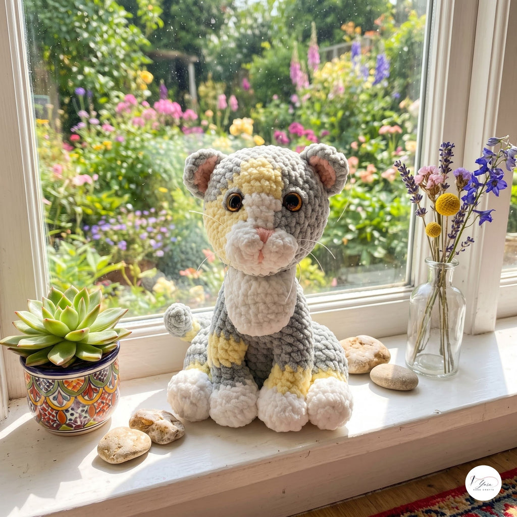 A crocheted stuffed animal cat with yellow, gray, and white coloring sits on a white windowsill. The background shows a lush, colorful garden visible through the window, with a small potted succulent on the left and a glass vase of flowers on the right.