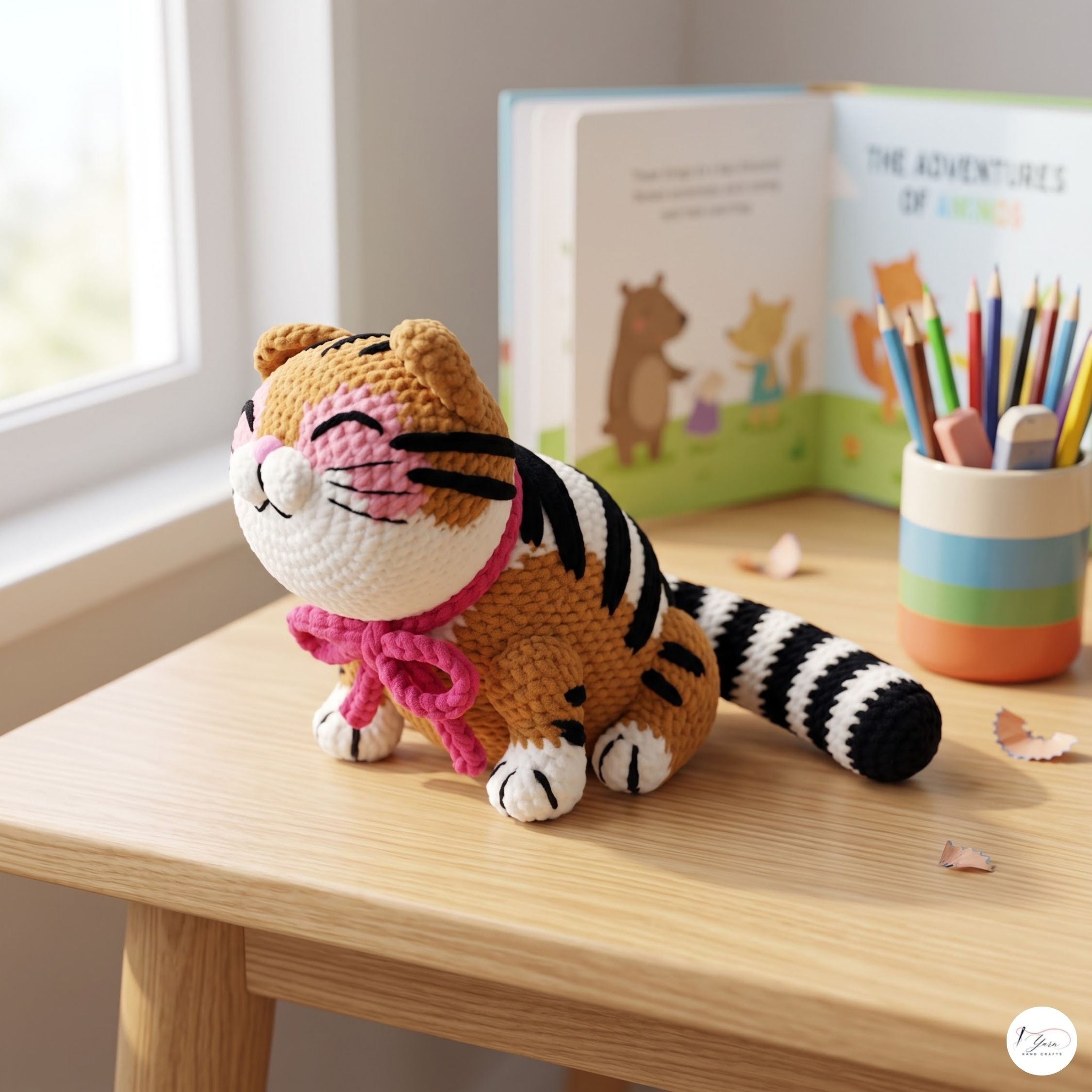 A crocheted tiger plush toy sits on a wooden table in a bright room, with an open children's book and a pencil cup in the background.