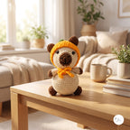 A crocheted plush bear toy wearing a bright yellow-orange hood and matching scarf, sitting on a light wood table in a cozy living room setting.