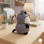 A crocheted plush toy shaped like a small gray animal with a white snout and black feet, sitting on a light wood table in a softly lit room with books, a lamp, and a small plant in the background.