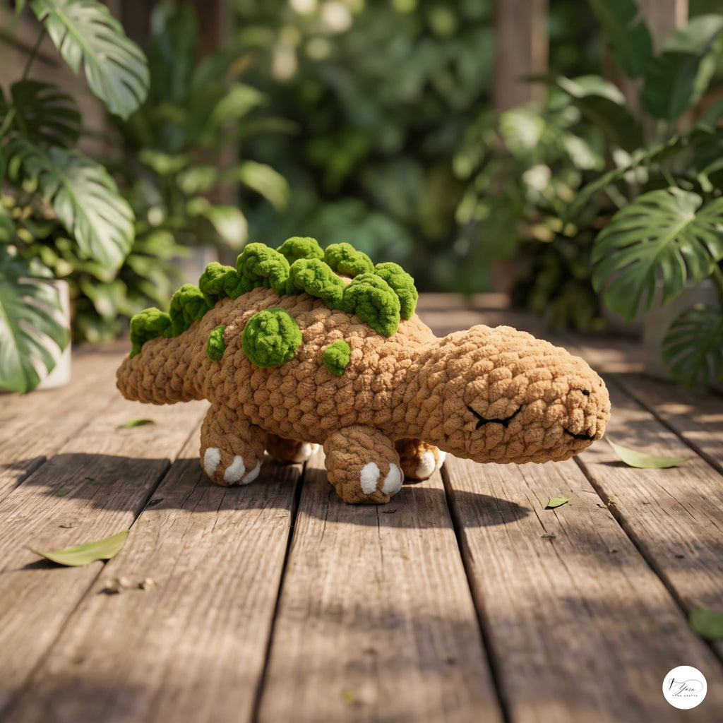 Handmade Crochet Stegosaurus Plush, Brown Green Amigurumi Dinosaur, Soft Dino Stuffed Animal, Dinosaur Lover Gift, Nursery Decor