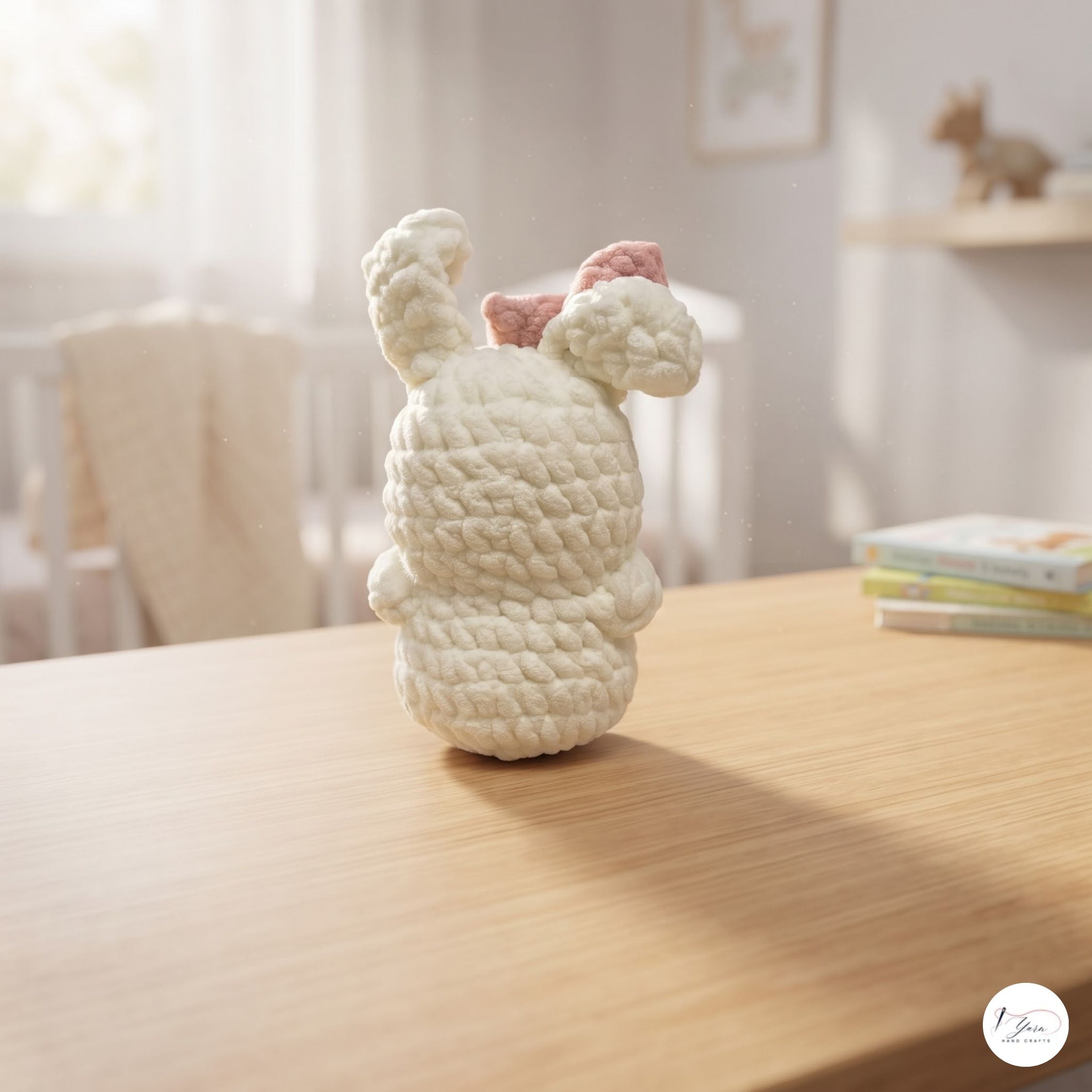 Crochet Bunny Plush with Pink Bow, Handmade White Amigurumi Rabbit, Soft Chenille Stuffed Animal, Easter Gift, Nursery Decor