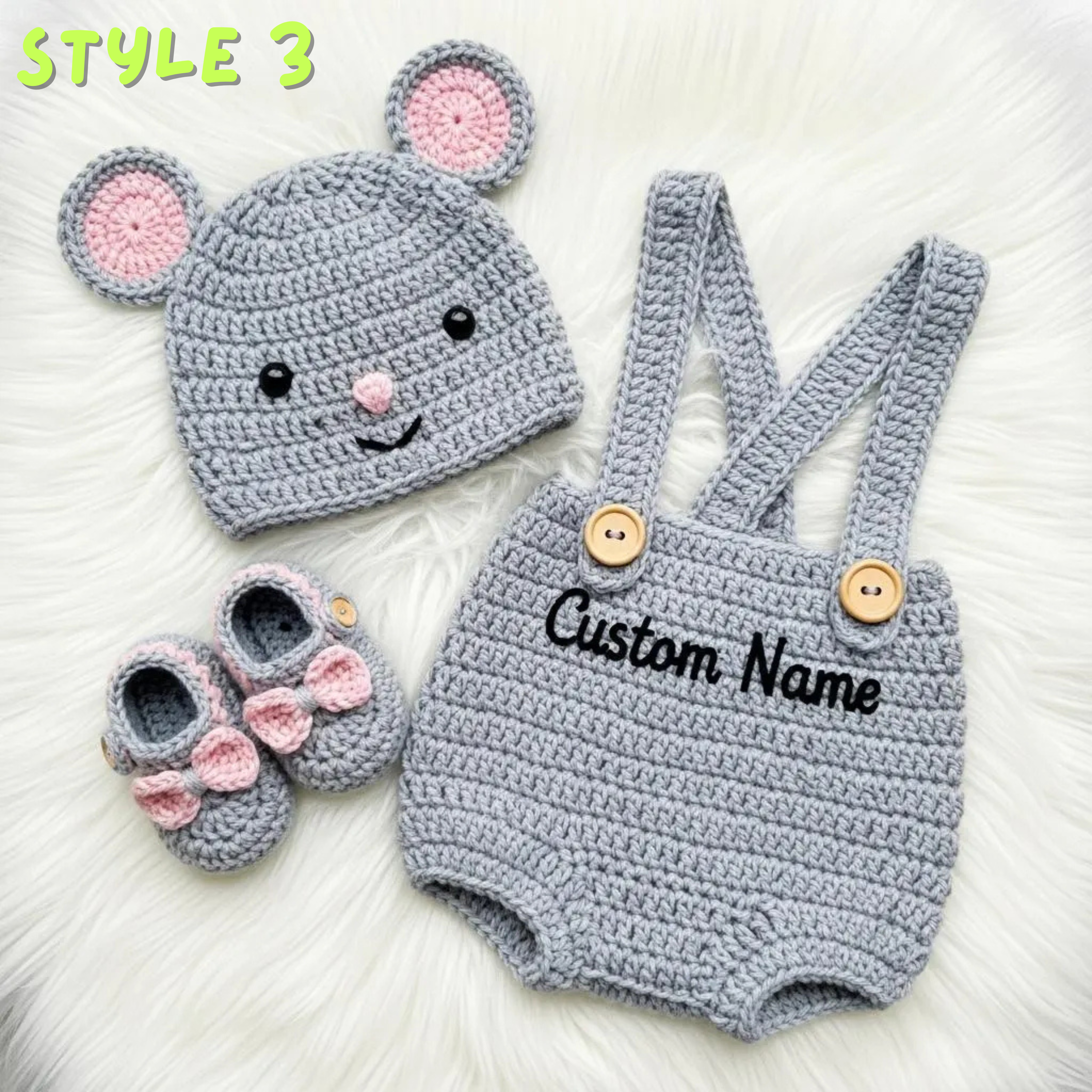 Personalized Crochet Baby Outfit Set, Puppy Cat Mouse Romper with Hat and Booties, Newborn Photo Prop, Custom Baby Shower Gift