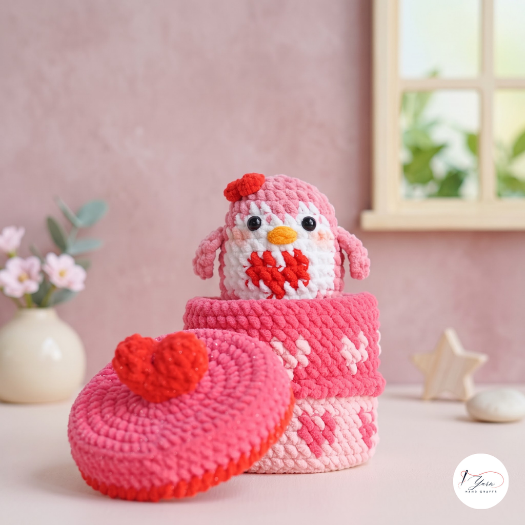Penguin Gift Box Crochet Pattern PDF, Valentine Heart Amigurumi Storage Box