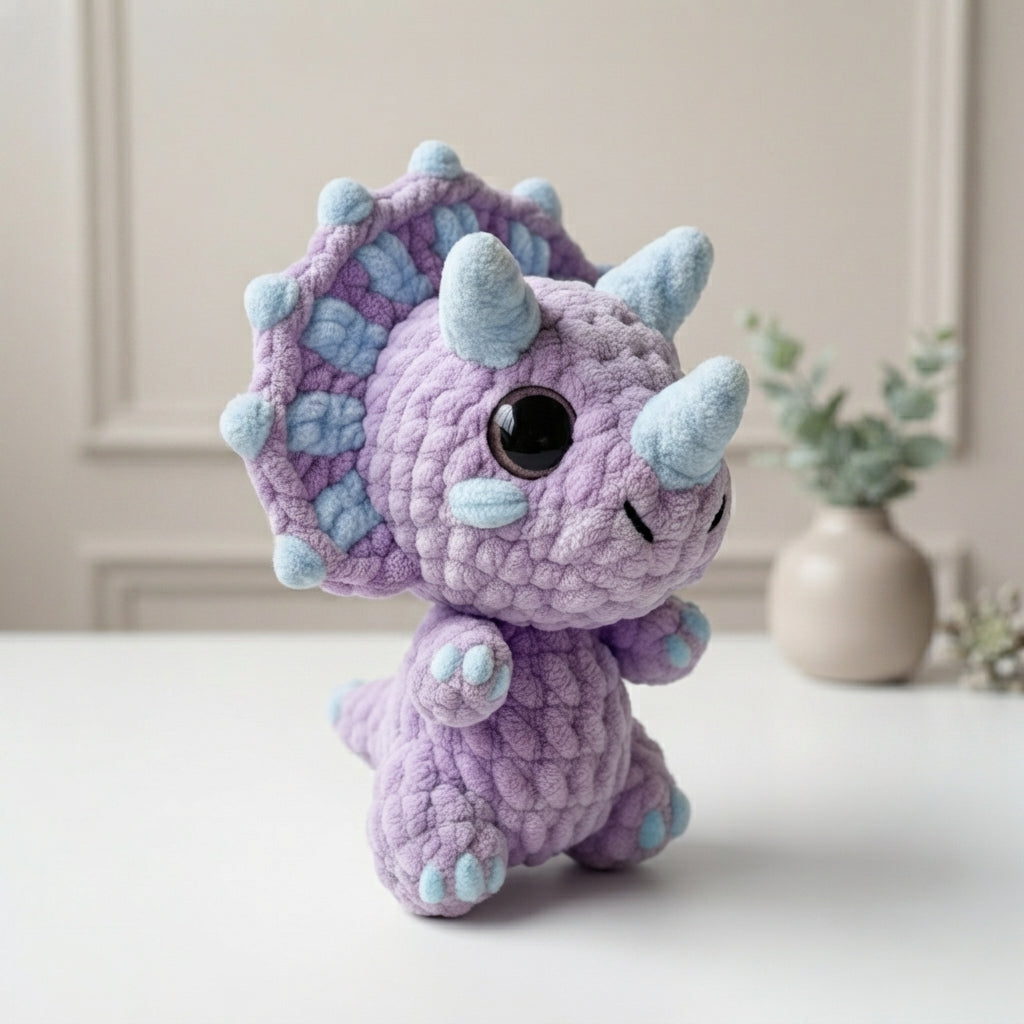 Mini Triceratops Crochet Pattern PDF, Cute Dinosaur Amigurumi, Purple Dino Plush Pattern