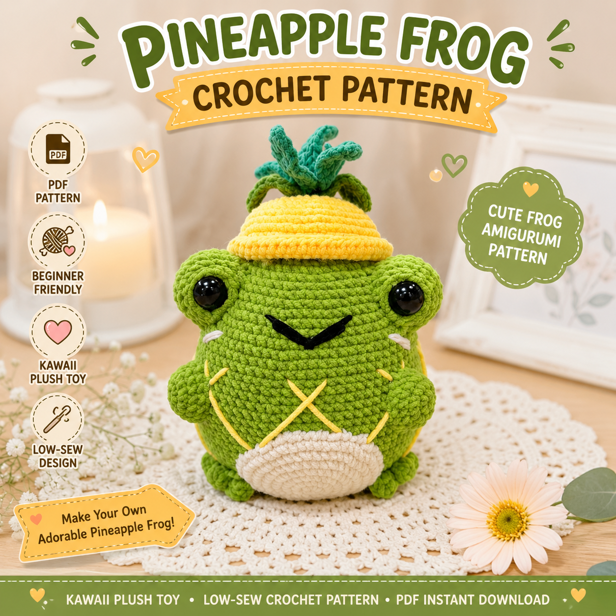 Pineapple Frog Crochet Pattern PDF – Cute Fruit Amigurumi Plush