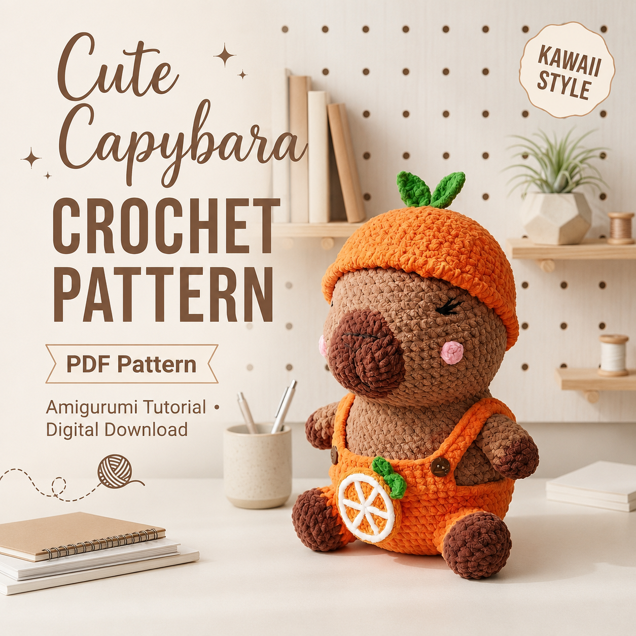 Orange Capybara Crochet Pattern PDF – Fruit Amigurumi Plush in Overalls