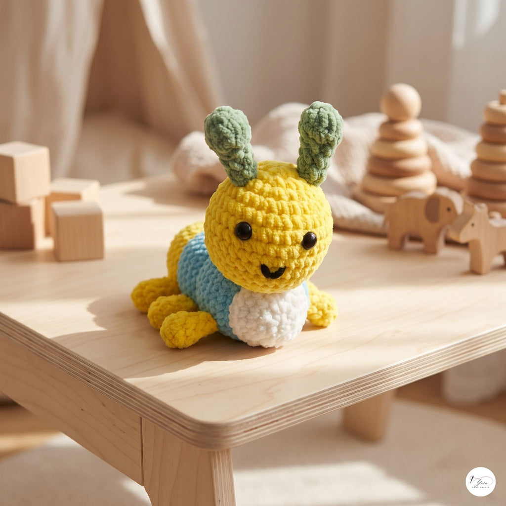 Crochet Bee Plush, Handmade Blue Yellow Amigurumi Bumblebee, Soft Stuffed Insect Toy, Bee Lover Gift, Garden Nursery Decor