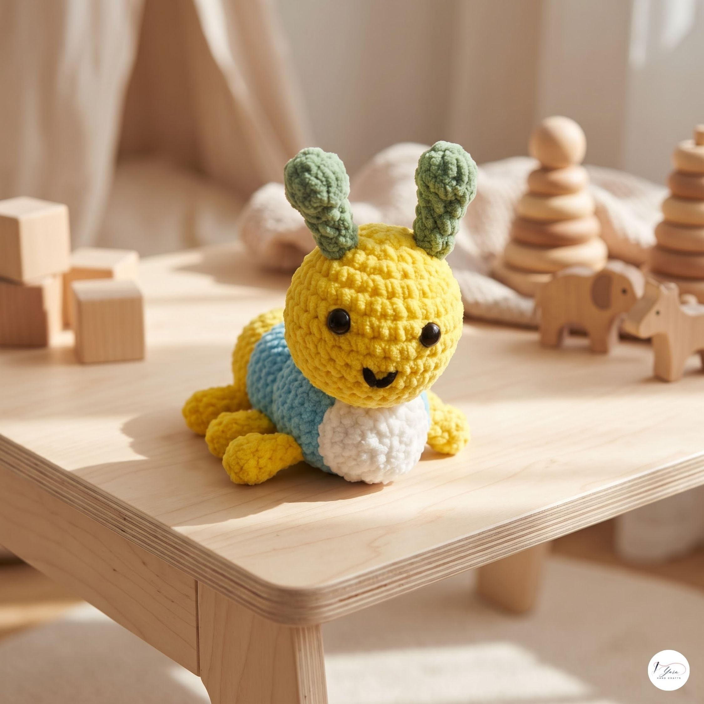 Crochet Bee Plush, Handmade Blue Yellow Amigurumi Bumblebee, Soft Stuffed Insect Toy, Bee Lover Gift, Garden Nursery Decor