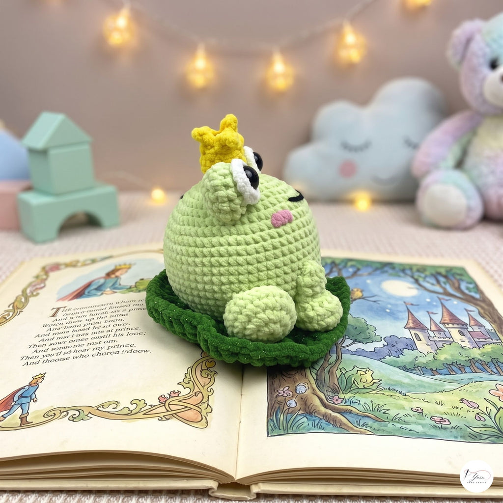Handmade Crochet Frog Prince Plush, Green Amigurumi Frog with Crown, Soft Stuffed Animal, Frog Lover Gift, Fairytale Nursery Decor