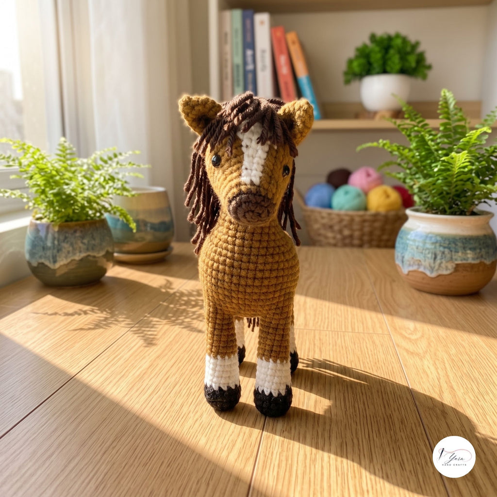 A crocheted horse toy stands on a wooden floor in a sunlit room, with potted ferns, books, and a basket of yarn in the background.