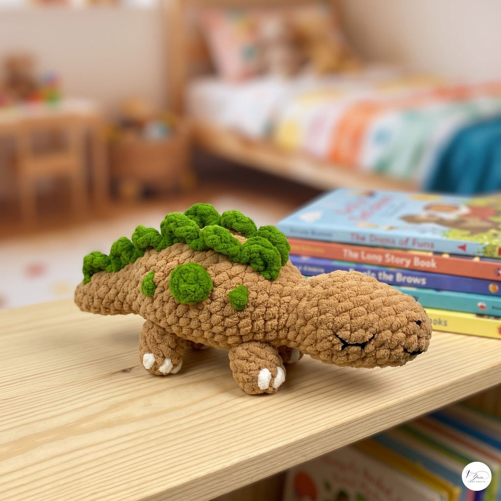 Handmade Crochet Stegosaurus Plush, Brown Green Amigurumi Dinosaur, Soft Dino Stuffed Animal, Dinosaur Lover Gift, Nursery Decor