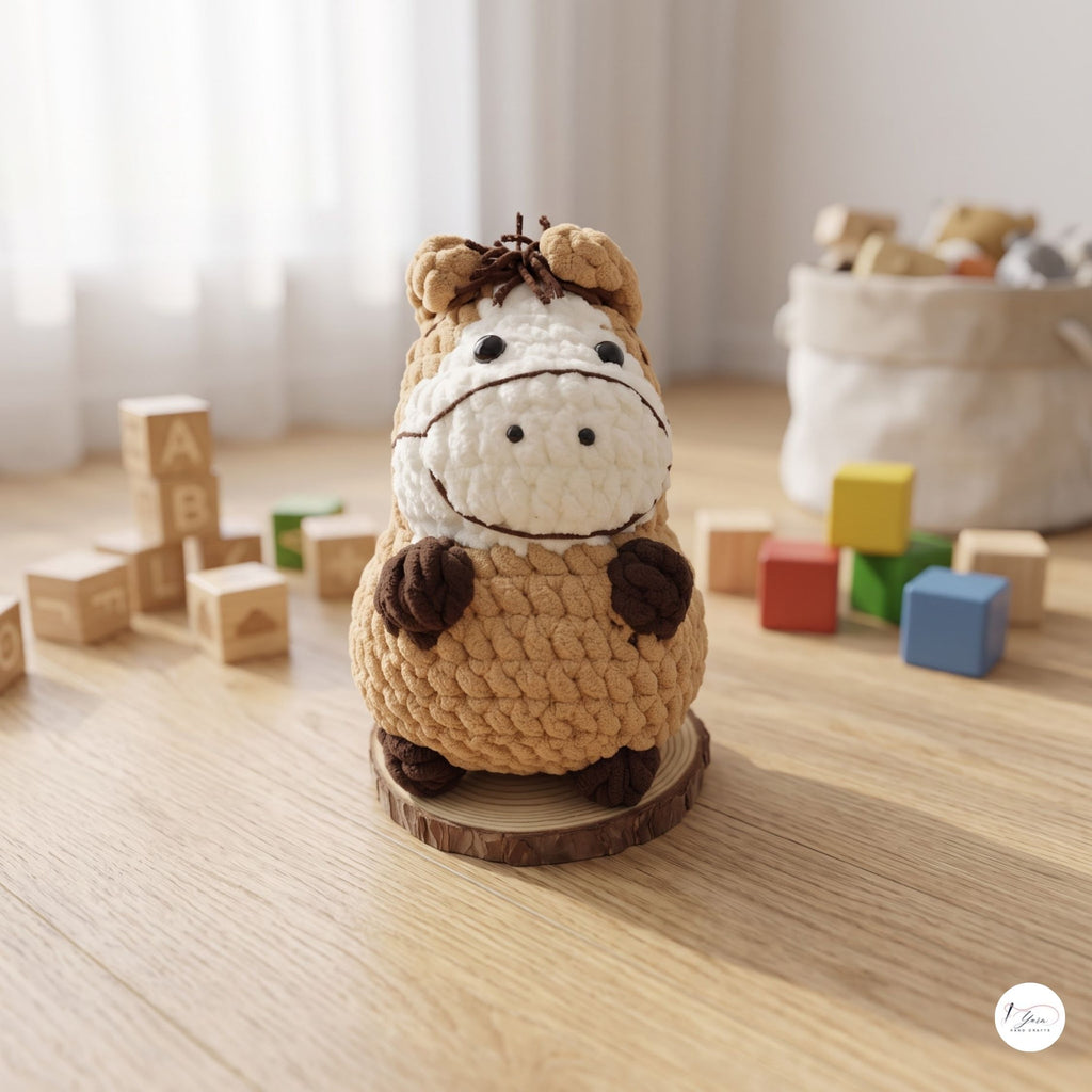 A crocheted plush toy horse standing on a round wooden base, placed on a light wood tabletop with colorful toy blocks and a soft fabric basket in the background.