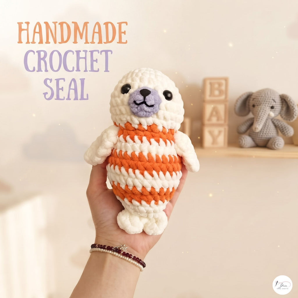 Handmade Crochet Seal Plush, Orange Striped Baby Seal Stuffed Animal, Soft Ocean Animal Toy, Seal Lover Gift, Nursery Decor