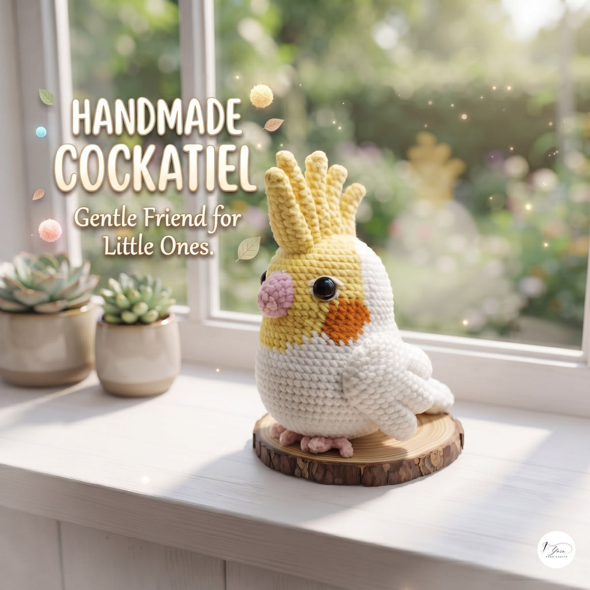 A handmade crocheted cockatiel toy sits on a wooden slice stand on a white windowsill, with a blurred garden view outside. Text on the left reads 'HANDMADE COCKATIEL Gentle Friend for Little Ones.