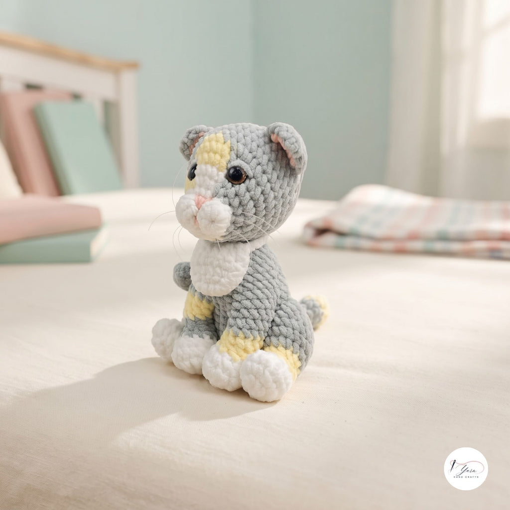A small crocheted cat toy sits on a light cream bed in a softly lit room. The toy is gray with white and pale yellow accents, including a white chest, paws, and face, and yellow patches on the forehead and hind legs.