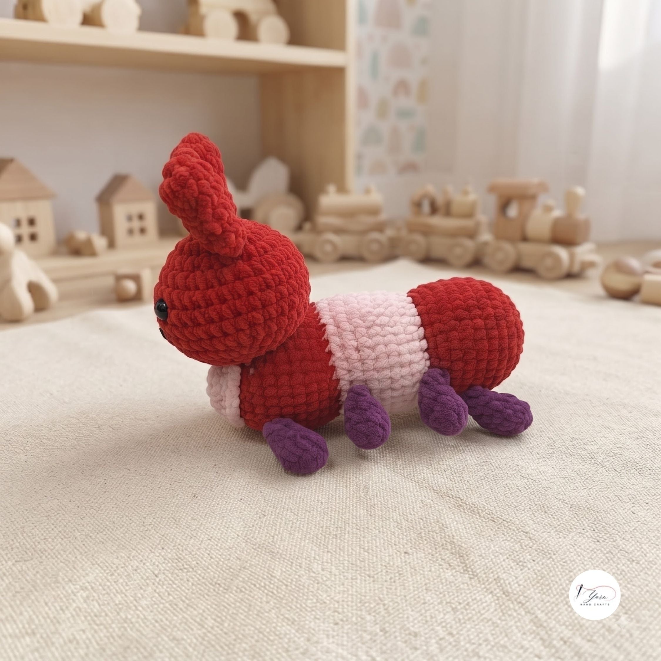 Crochet Caterpillar Plush, Handmade Red Amigurumi Bug, Soft Chenille Stuffed Insect Toy, Caterpillar Lover Gift, Nursery Decor