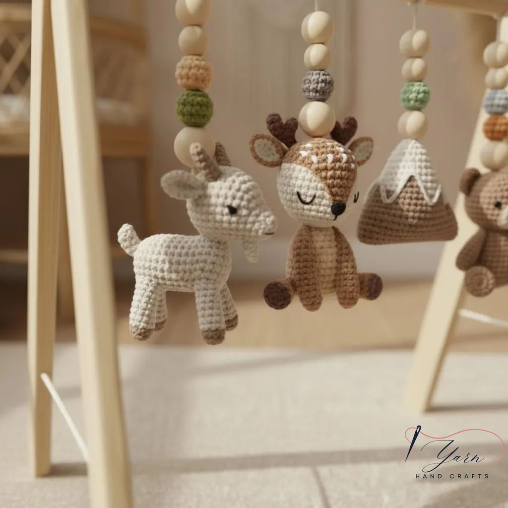 Handmade Custom Baby Gym, Wooden Montessori Play Gym with Crochet Forest Animals, Neutral Nursery Decor, Baby Shower Gift