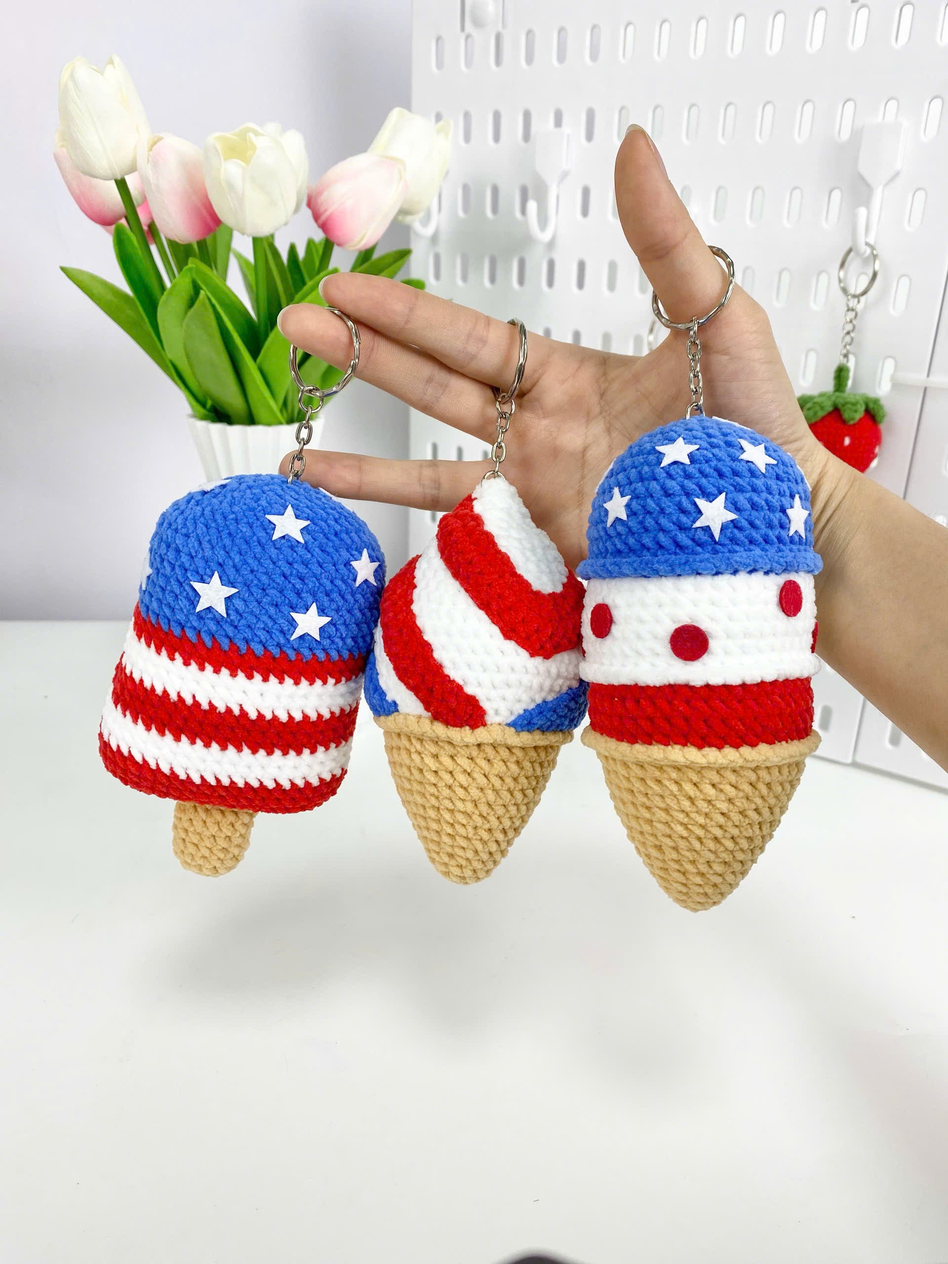 Patriotic Ice Cream Crochet Pattern: 4th of July Amigurumi Keychain (PDF Tutorial)