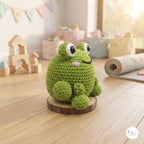 A green crocheted frog toy sitting on a round wooden base in a softly lit children's room. The toy has large white eyes with black pupils, a small pink nose, and a black stitched smile.