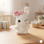 Crochet Bunny Plush with Pink Bow, Handmade White Amigurumi Rabbit, Soft Chenille Stuffed Animal, Easter Gift, Nursery Decor