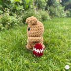 A small crocheted bunny toy sits on green grass outdoors, with a red and white crocheted egg in front of it and a blurred garden background.