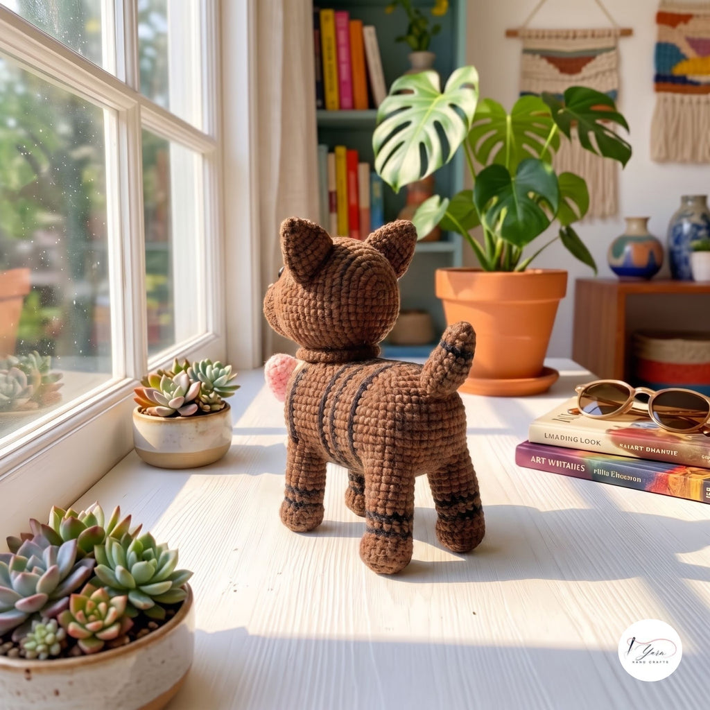 A crocheted cat figurine with brown and black stripes stands on a sunlit windowsill in a cozy room with potted plants, books, and sunglasses.
