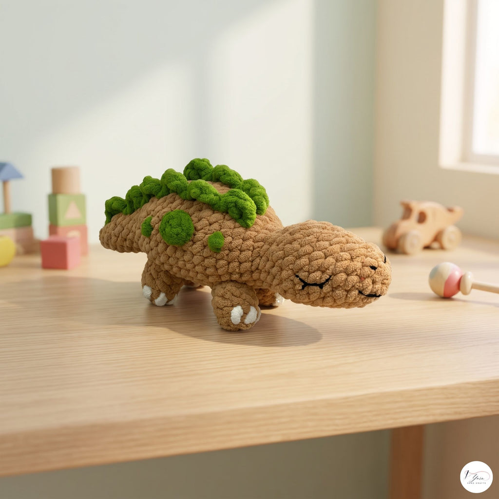Handmade Crochet Stegosaurus Plush, Brown Green Amigurumi Dinosaur, Soft Dino Stuffed Animal, Dinosaur Lover Gift, Nursery Decor