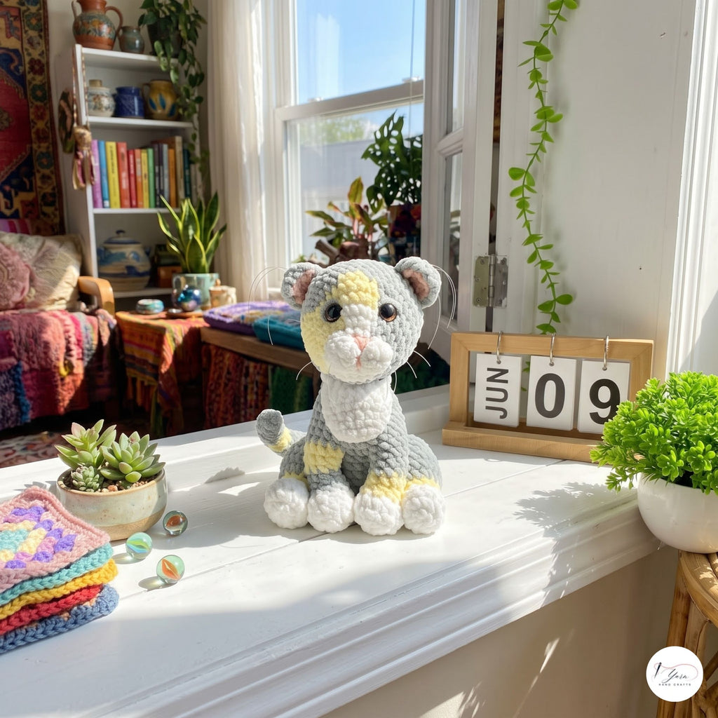 A crocheted cat toy sits on a sunlit windowsill in a cozy, book-filled room. The toy is gray with yellow and white accents, including a yellow patch on its forehead and yellow stripes on its back and tail.