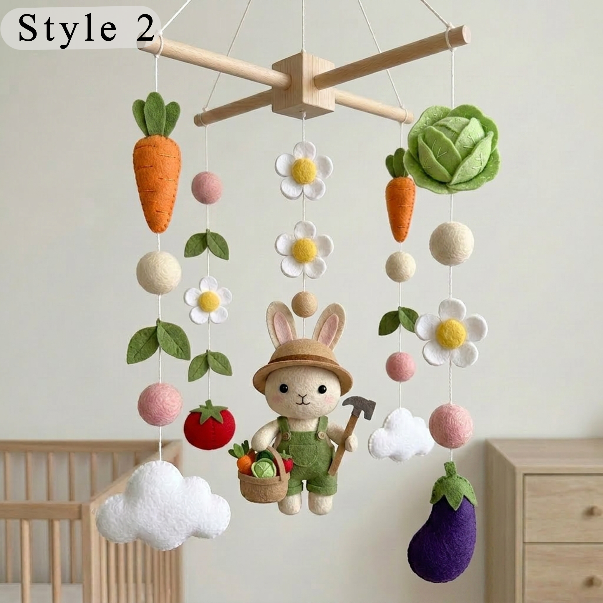 Felt Garden Bunny Baby Mobile, Farm Nursery Crib Decor Baby Shower Gift