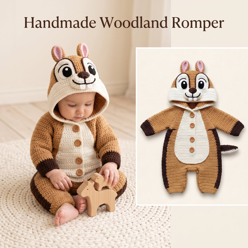 Handmade Chipmunk Baby Romper, Crochet Woodland Animal Onesie, Brown Hooded Newborn Outfit, Baby Shower Gift, Photo Prop