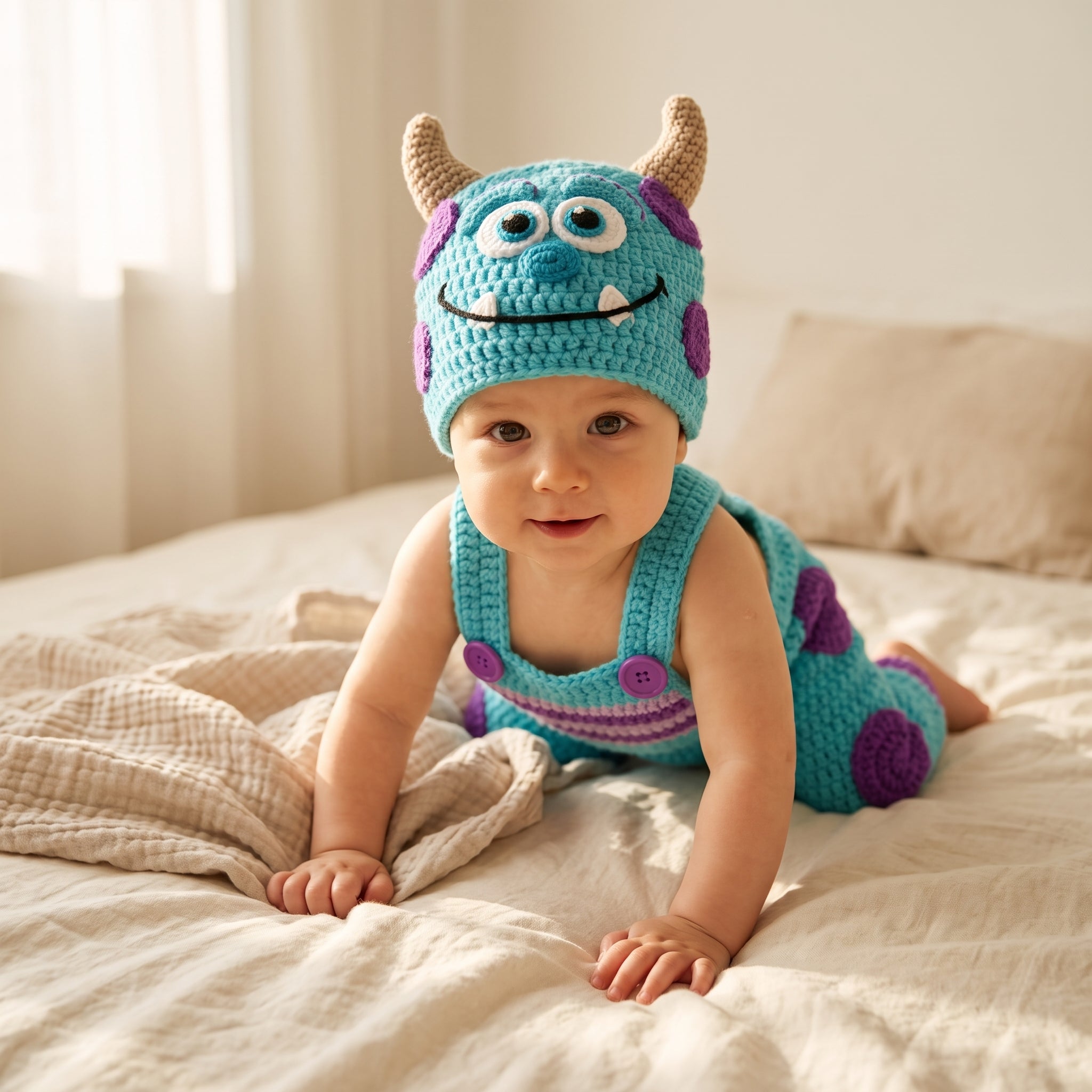 Monster Baby Outfit, Crochet Monster Romper and Hat Set, Handmade Baby Costume, Baby Shower Gift, Newborn Photo Prop Outfit