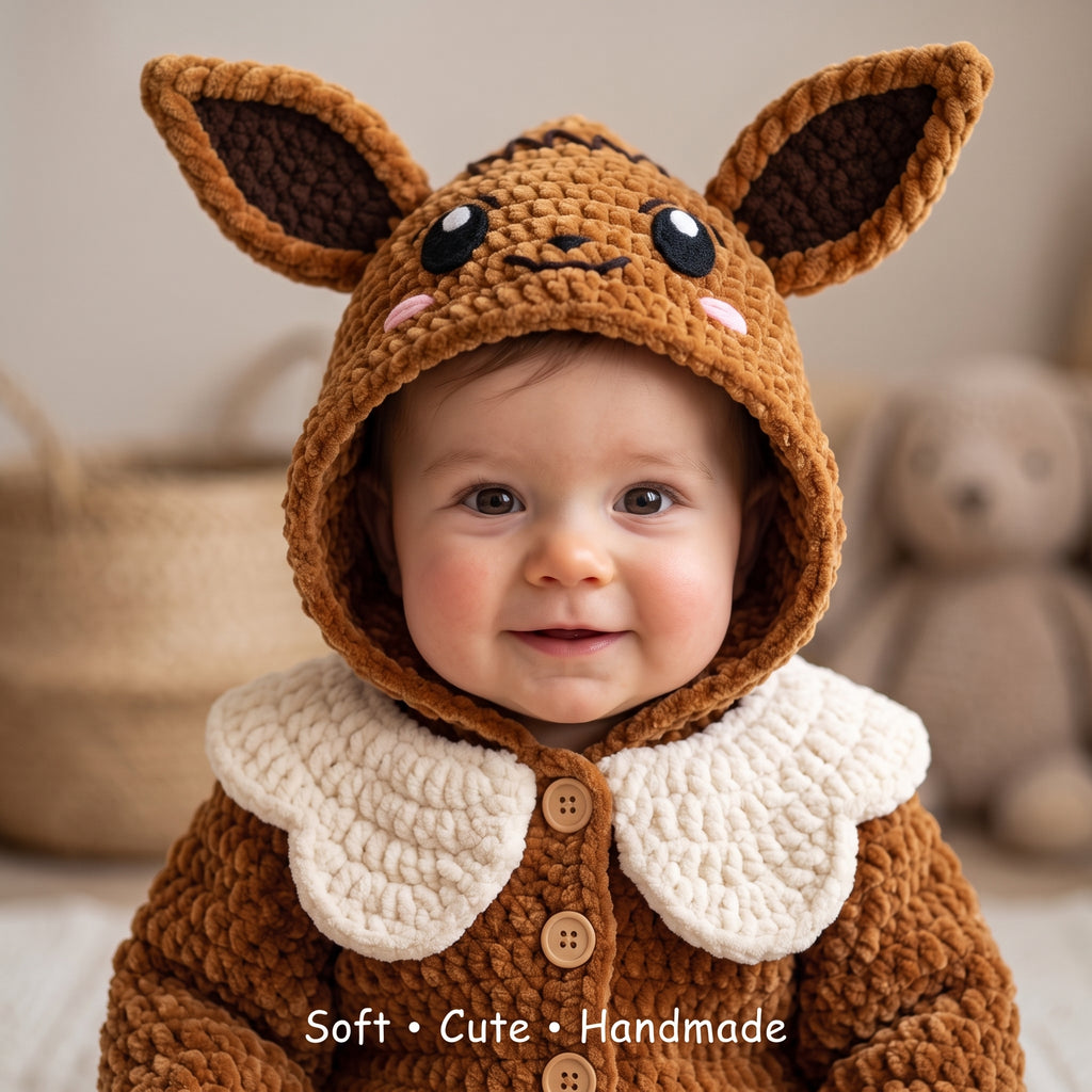 Handmade Fox Baby Romper, Crochet Woodland Animal Onesie, Brown Hooded Newborn Outfit, Baby Shower Gift, Baby Photo Prop