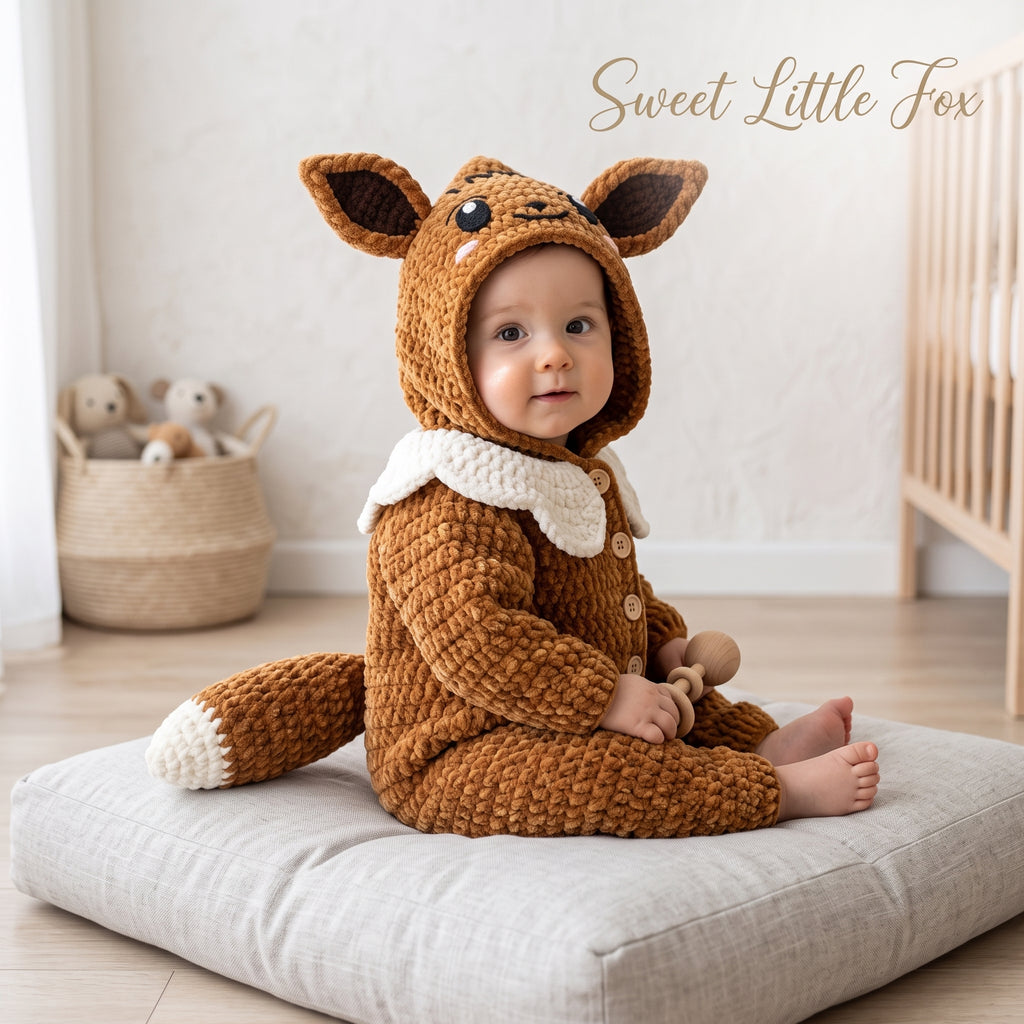 Handmade Fox Baby Romper, Crochet Woodland Animal Onesie, Brown Hooded Newborn Outfit, Baby Shower Gift, Baby Photo Prop