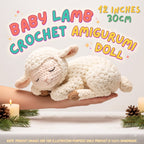 Handmade cream-colored crochet baby lamb amigurumi doll in a sleeping pose held in hands over a candlelit background with "BABY LAMB CROCHET AMIGURUMI DOLL" and "12 INCHES / 30CM" text overlay.