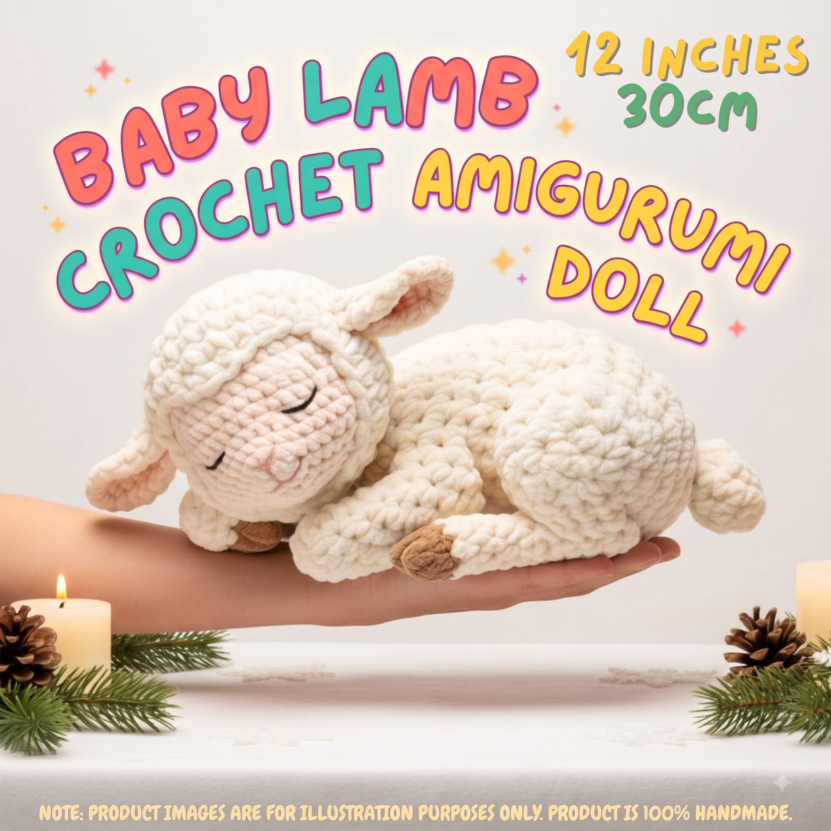 Handmade cream-colored crochet baby lamb amigurumi doll in a sleeping pose held in hands over a candlelit background with "BABY LAMB CROCHET AMIGURUMI DOLL" and "12 INCHES / 30CM" text overlay.